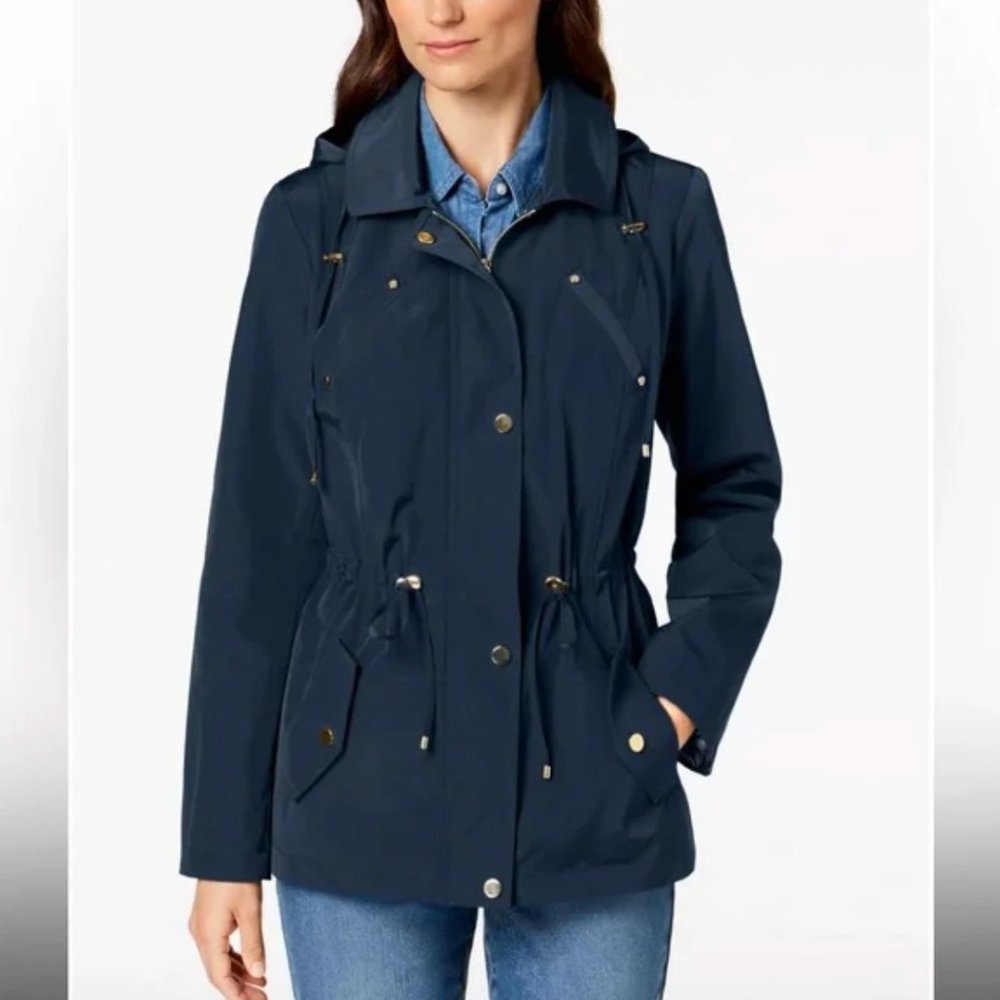 Gallery Navy Blue Hooded Zip Up & Button Jacket Size Medium